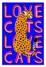 Load image into Gallery viewer, LOVE CATS LEOPARD ON DEEP BLUE TYPOGRAPHY ART POSTER - A4
