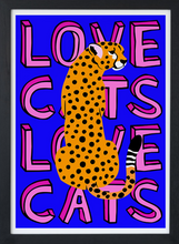 Load image into Gallery viewer, LOVE CATS LEOPARD ON DEEP BLUE TYPOGRAPHY ART POSTER - A4
