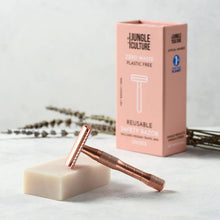 Load image into Gallery viewer, ***NEW*** Rose Gold Reusable Safety Razors w/ Natural Jute Travel Bag (Stand option)