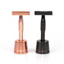 Load image into Gallery viewer, ***NEW*** Rose Gold Reusable Safety Razors w/ Natural Jute Travel Bag (Stand option)