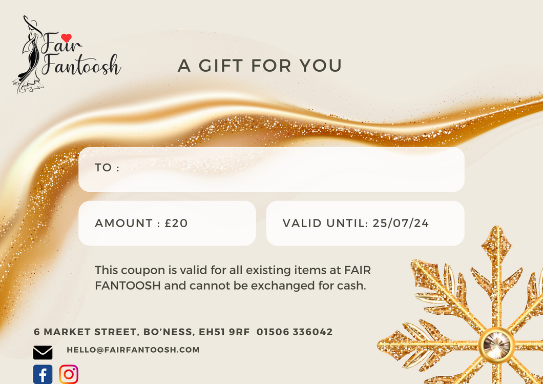Electronic Gift Vouchers to use at Fair Fantoosh only