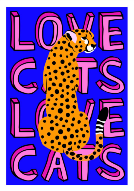LOVE CATS LEOPARD ON DEEP BLUE TYPOGRAPHY ART POSTER - A4