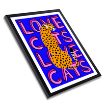 Load image into Gallery viewer, LOVE CATS LEOPARD ON DEEP BLUE TYPOGRAPHY ART POSTER - A4
