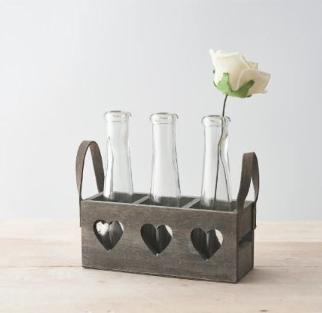 Grey Wooden Heart Tray With Bottles, 17.5cm