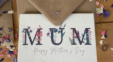 Load image into Gallery viewer, Plantable Mother&#39;s Day Cards - MUM -Blue (Free UK Postage - using code &#39;saffa&#39;)
