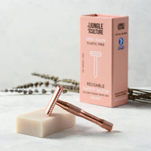 Load image into Gallery viewer, ***NEW*** Rose Gold Reusable Safety Razors w/ Natural Jute Travel Bag (Stand option)
